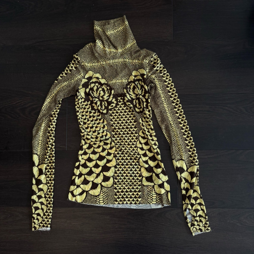 AFRM Zadie Print Mesh Turtleneck Top in Butter Petals XS GREEN LIME BROWN